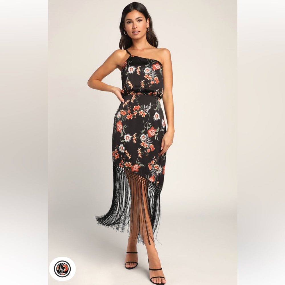 Lulus Let’s Be Fringe Black Floral Print Satin Satin One Shoulder Midi Dress